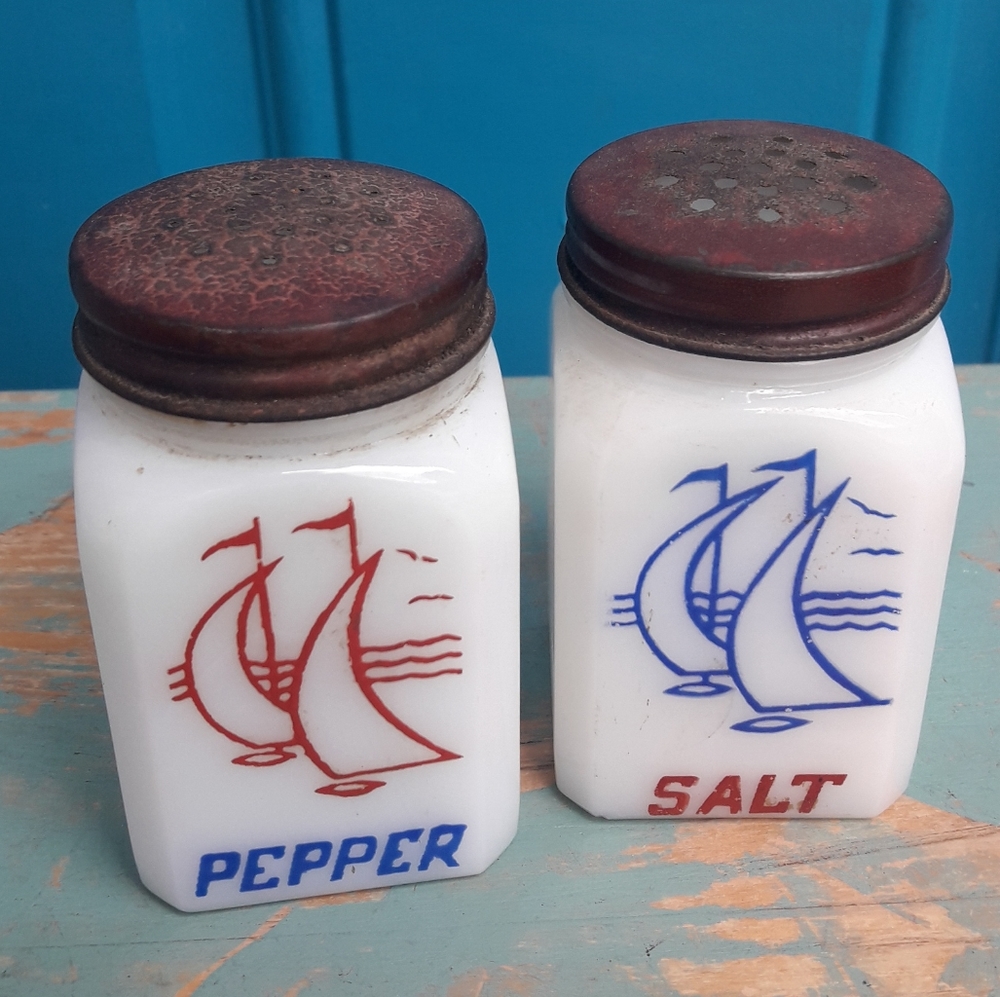 Vintage Salt and Pepper Shakers White Milk Glass Sail Boats Made in USA